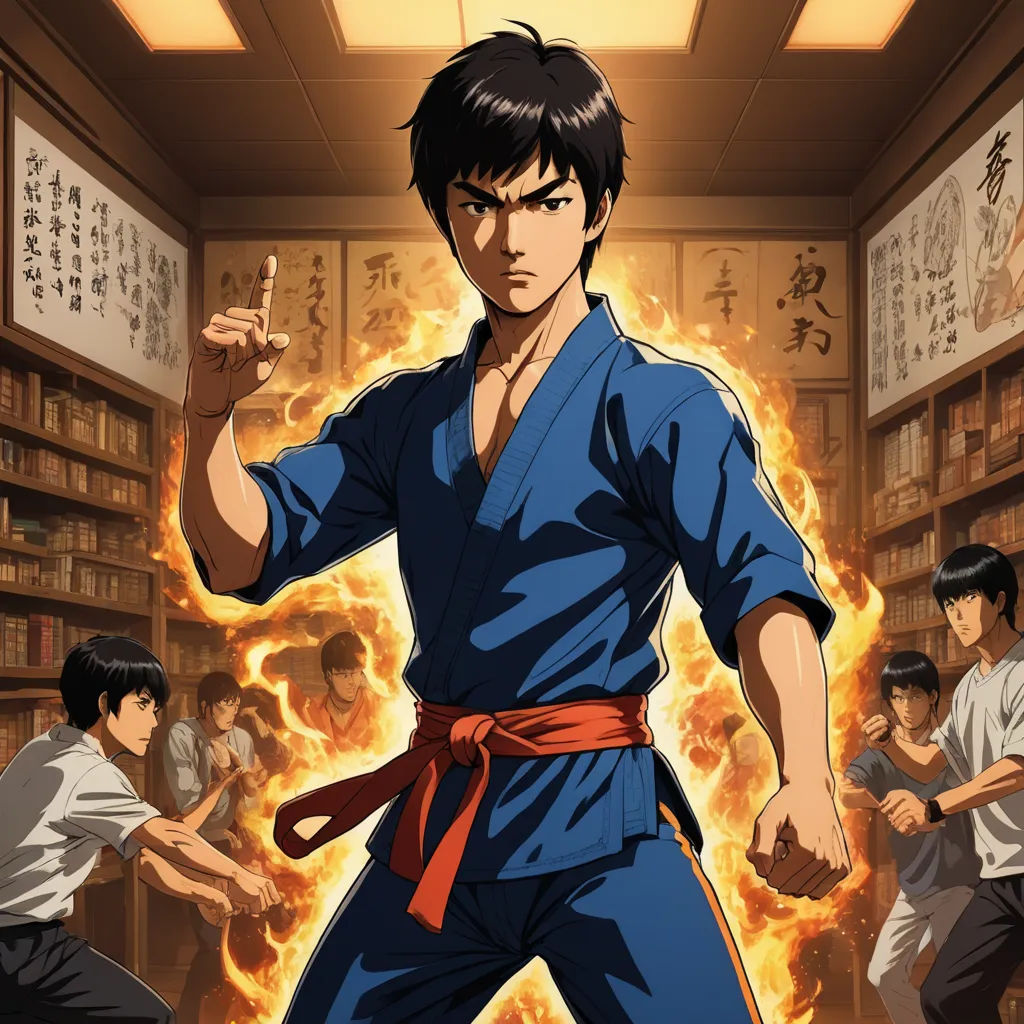 a man in a karate stance in a library with others in the background and a fire in the air, dau-al-set, poster art, Baiōken Eishun, official art