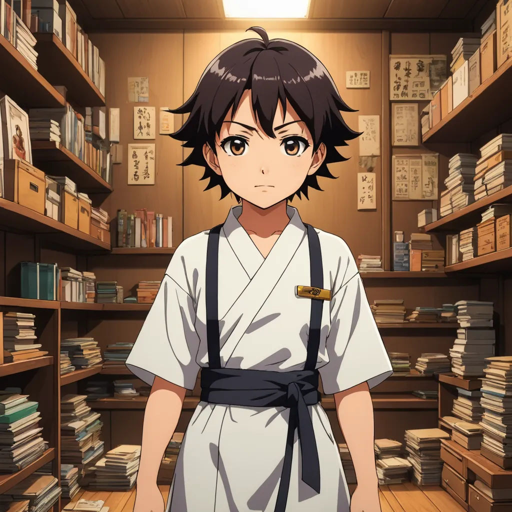 a man in a room with a bunch of books on shelves and a shelf full of books and a lamp, ukiyo-e, a character portrait, Aguri Uchida, ufotable