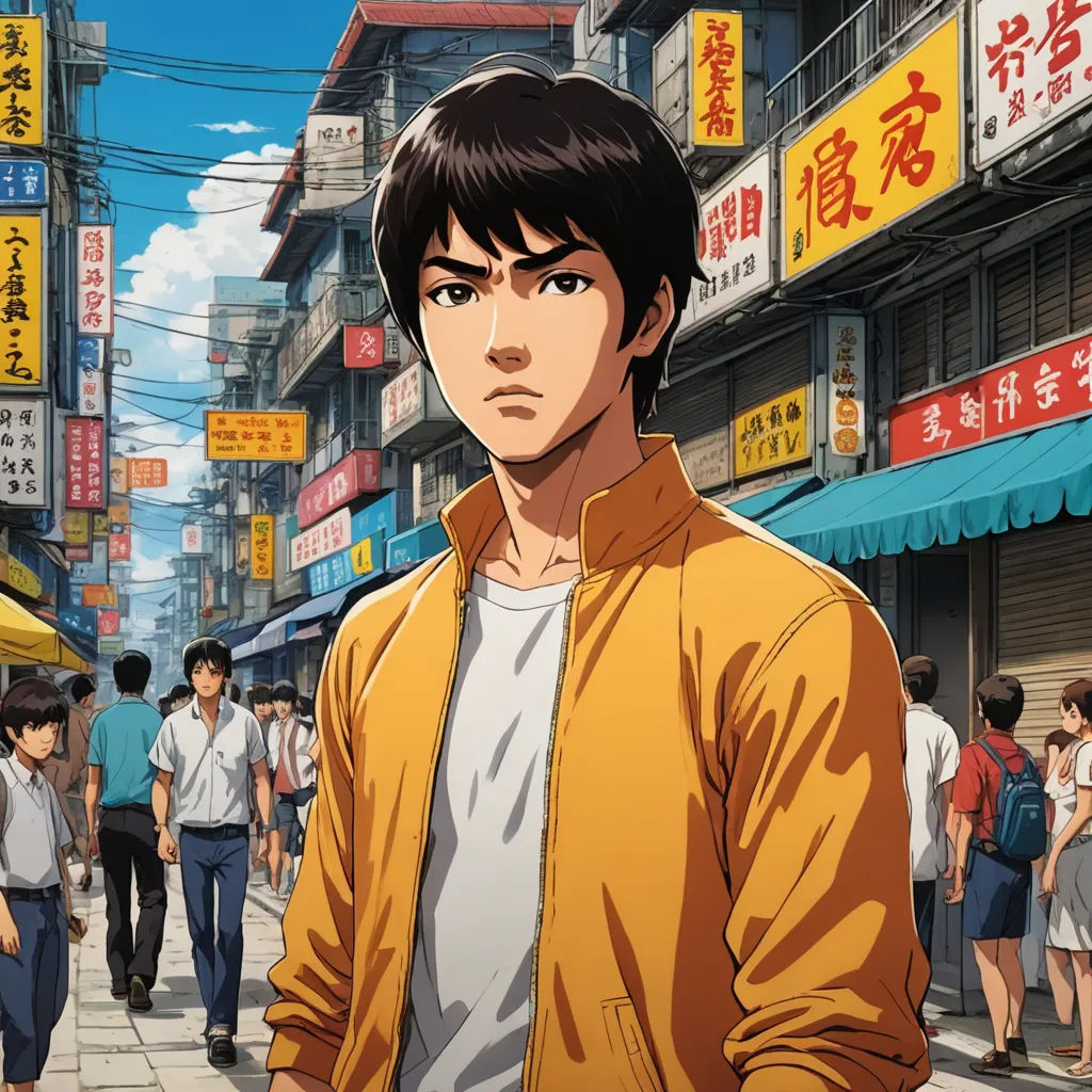 a man standing on a street in front of a crowd of people with asian writing on the buildings behind him, photorealism, concept art, Du Jin, official art