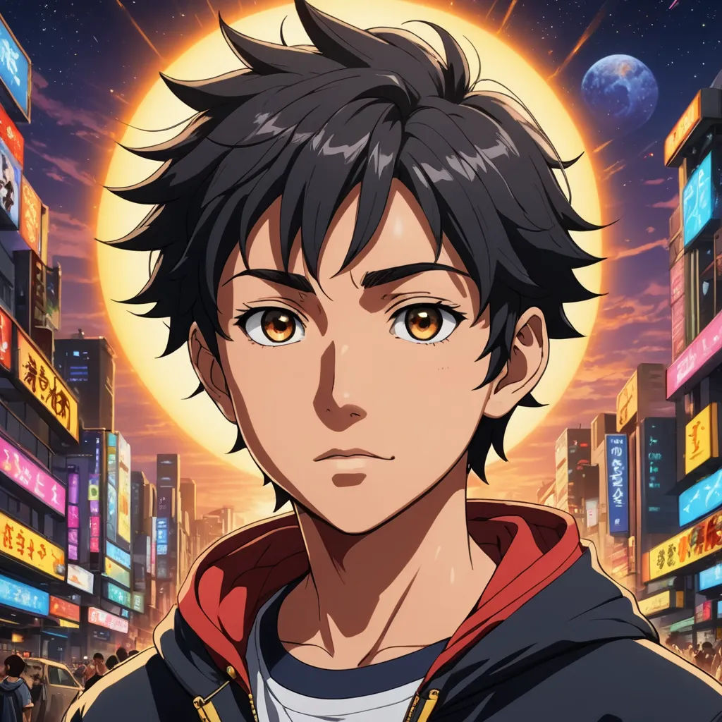 a man in a city with a full moon in the background and a cityscape in the background, rayonism, a character portrait, Cedric Seaut (Keos Masons), anime key visual