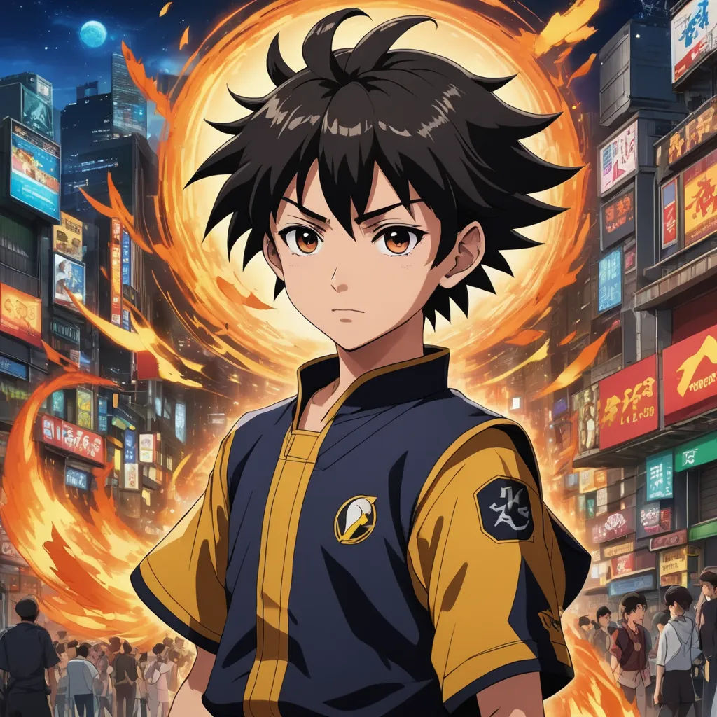 a man in a yellow shirt standing in front of a fireball in a city at night with people walking around, rayonism, poster art, Ai-Mitsu, anime key visual