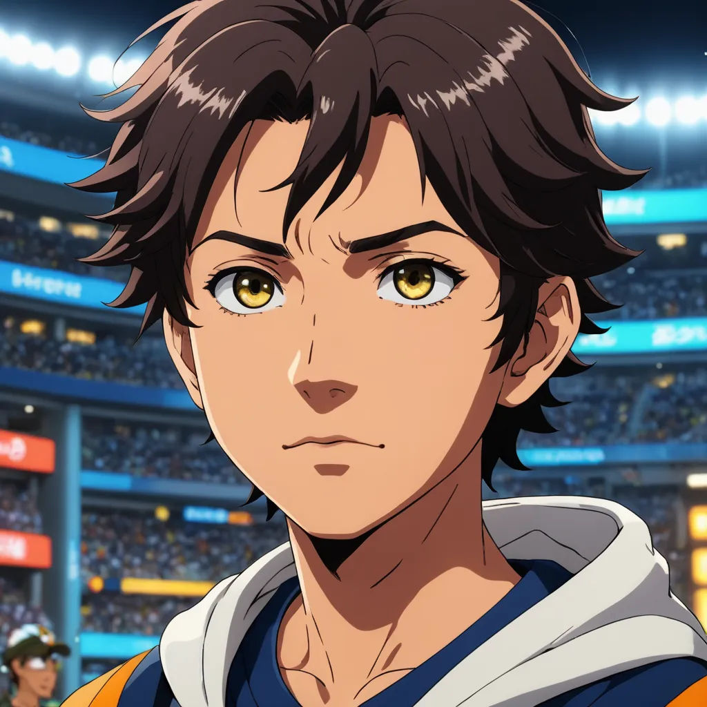 a man with brown eyes in a stadium looking at the camera with a stadium in the background and a stadium full of people, neogeo, concept art, Adam Manyoki, official art