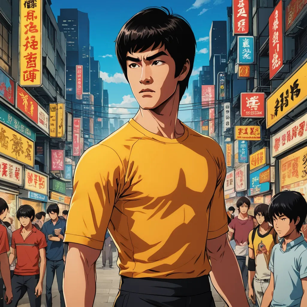 a man in a yellow shirt standing in front of a crowd of people in a city street with tall buildings, context art, poster art, Dai Jin, promotional image
