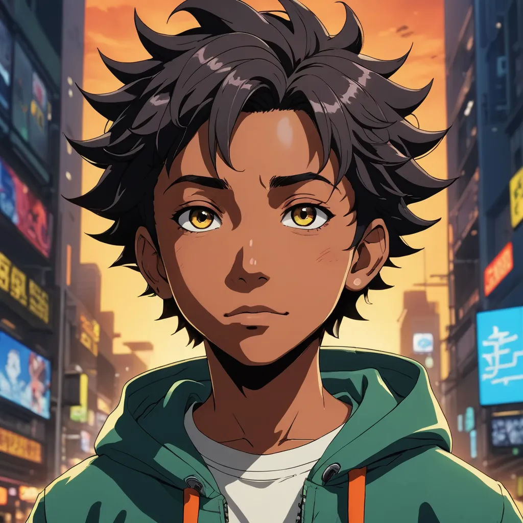 a man with black hair and a green jacket in a city setting with a sunset in the background and a yellow sky, black arts movement, a character portrait, Cedric Seaut (Keos Masons), official art