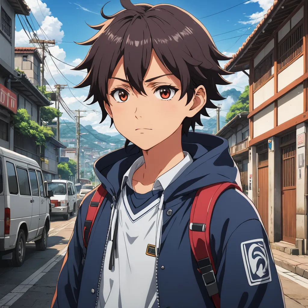 a man with a backpack standing in front of a building on a street with cars parked on the side of the road, sots art, a character portrait, Aguri Uchida, official art