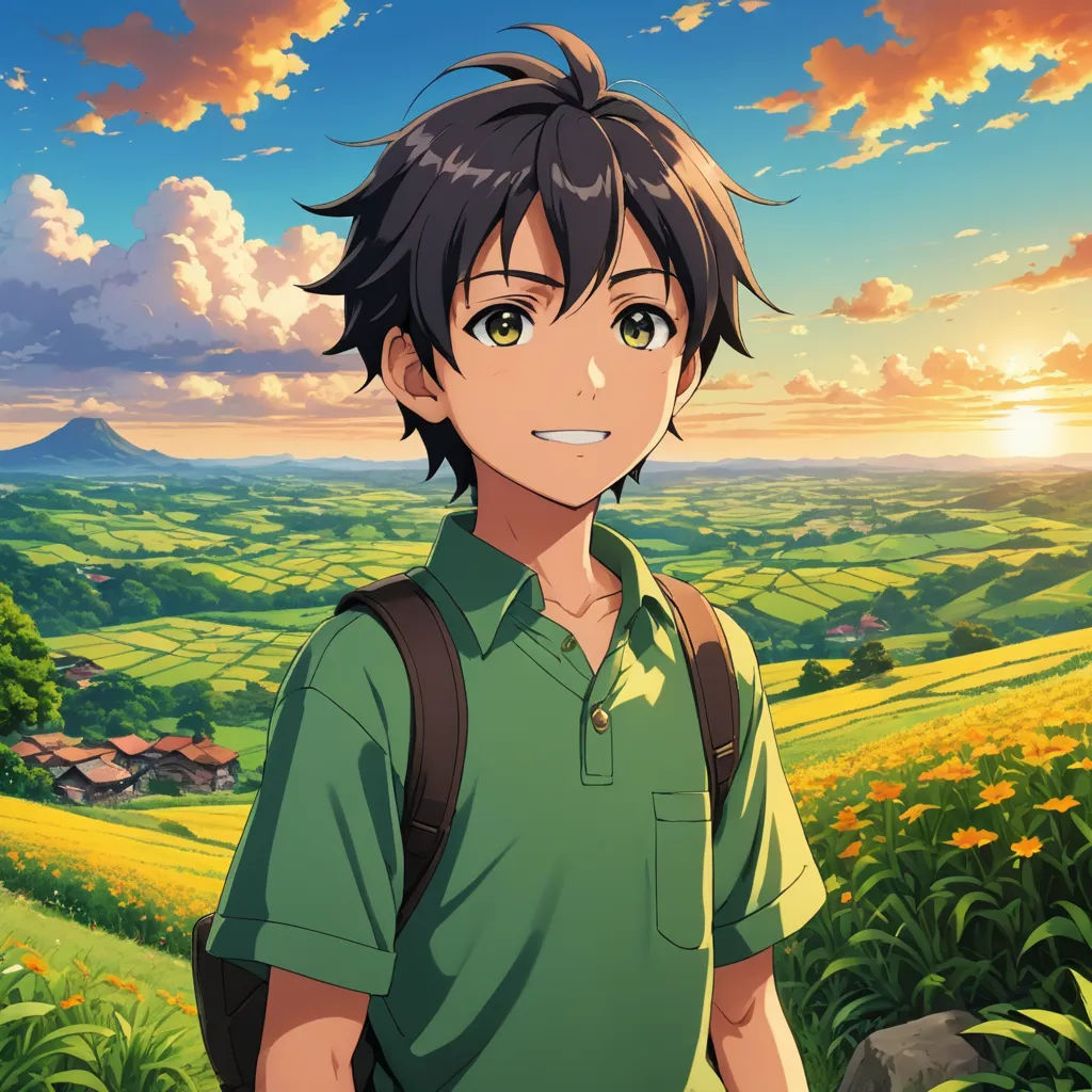 a man standing in front of a lush green field with a sunset in the background and a sky filled with clouds, sots art, a character portrait, Adam Manyoki, official art
