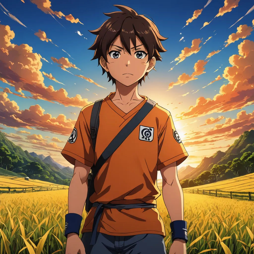 a man standing in a field of grass with a sky background and clouds in the background, with a person wearing a brown shirt, dau-al-set, poster art, Aguri Uchida, anime key visual
