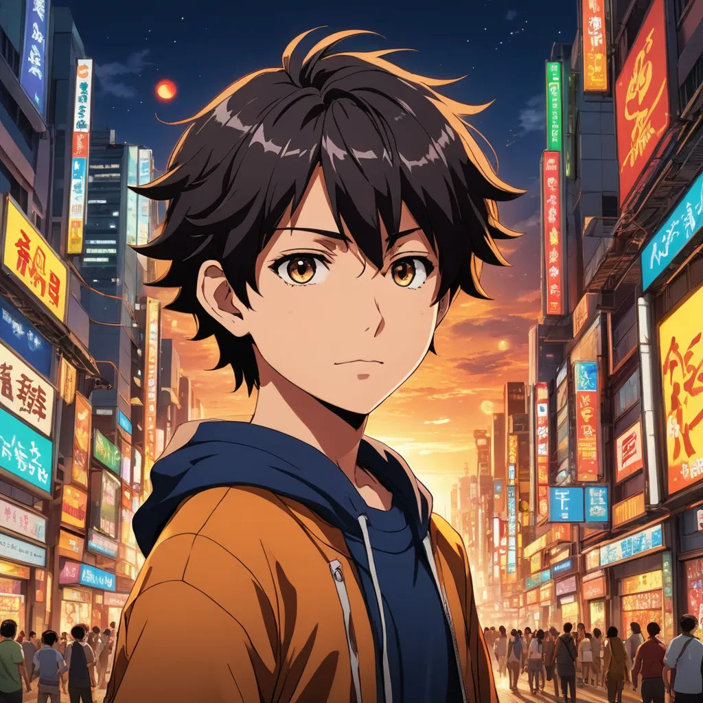 a man standing in front of a city at night with a lot of neon signs in the background and a person standing in the foreground, aestheticism, a character portrait, Ai-Mitsu, anime key visual