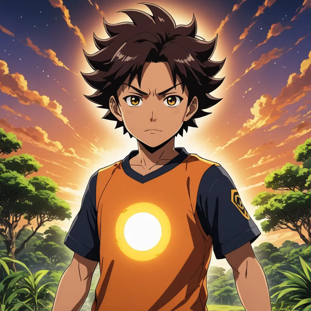 a young man in a uniform with a glowing ball in his hand, standing in front of a sunset, rayonism, a character portrait, Cedric Seaut (Keos Masons), anime key visual