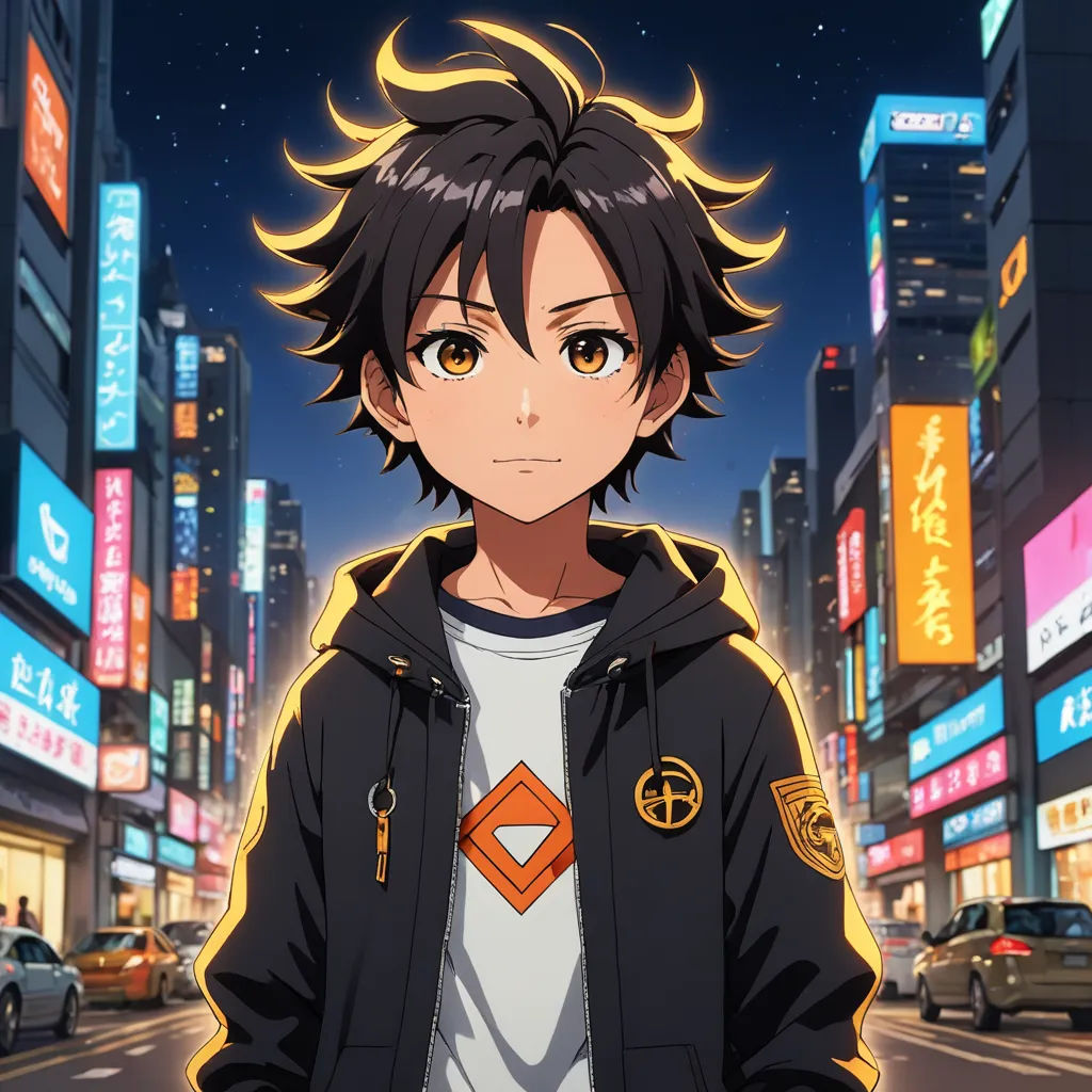 a man standing in the middle of a city at night with a cityscape in the background and a neon sign in the foreground, rayonism, a character portrait, Ai-Mitsu, anime key visual
