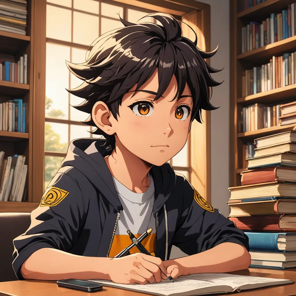 a boy sitting at a desk with a book and a pen in his hand and a bookcase in the background, vanitas, a character portrait, Adam Manyoki, official art