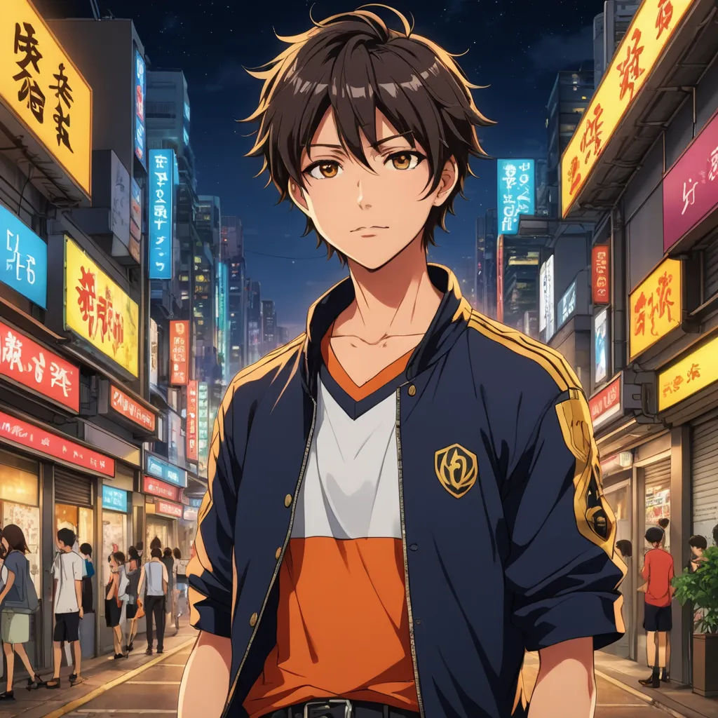 a man standing in front of a city at night with a lot of people in the background and a neon sign, aestheticism, concept art, Ai-Mitsu, official art