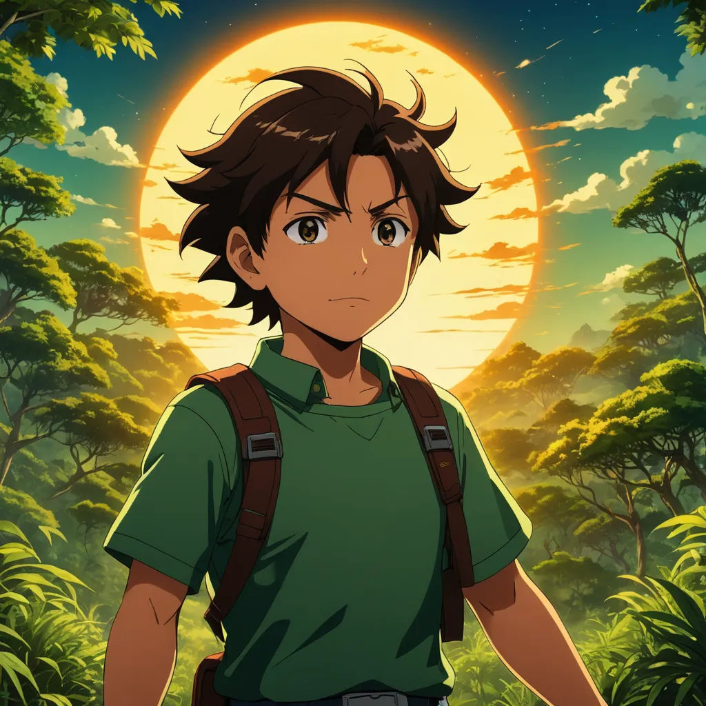 a man with a backpack standing in front of a sunset in the jungle with trees and bushes behind him, dau-al-set, a character portrait, Eizan Kikukawa, official art