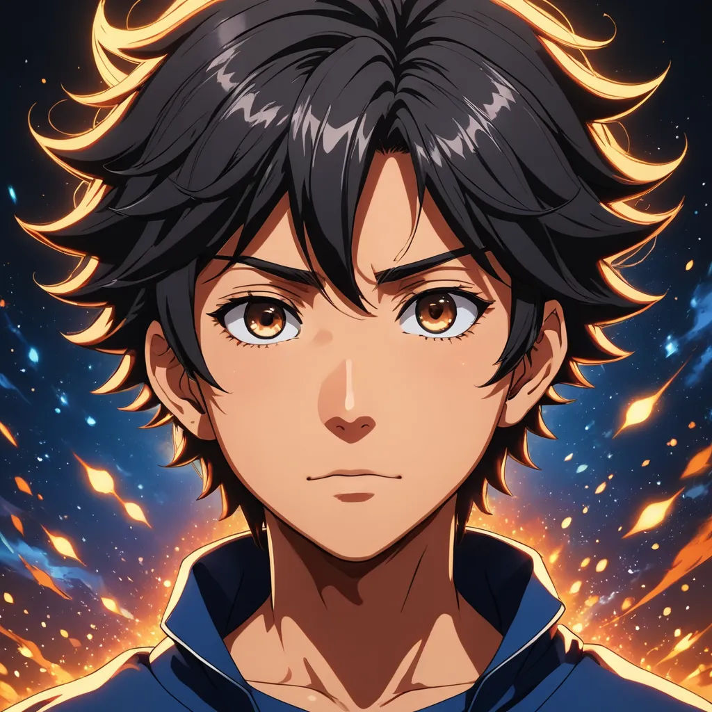 a man with black hair and blue eyes staring at the camera with a fire in the background and a blue sky, dau-al-set, a character portrait, Artgerm, rossdraws global illumination
