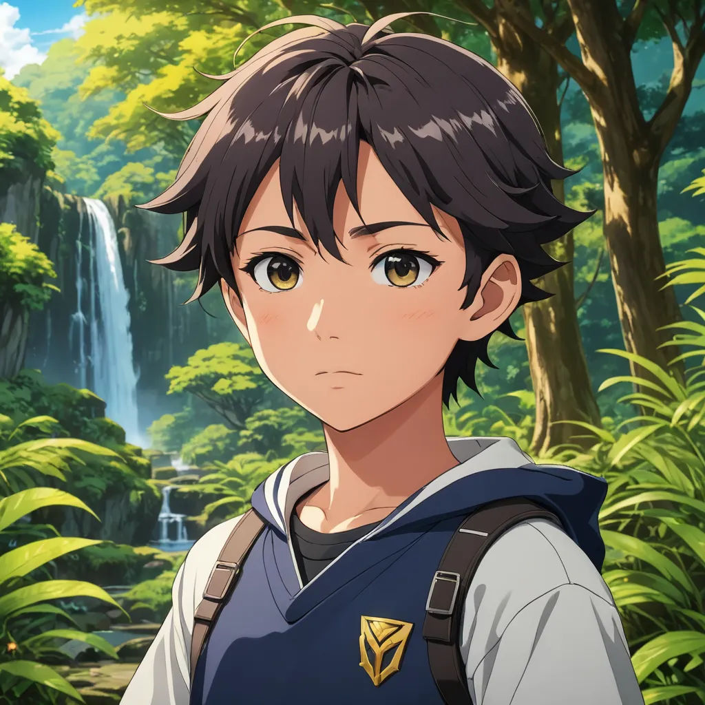 a young boy in a forest with a waterfall in the background and a waterfall in the background, with a person standing in front of him, sots art, a character portrait, Adam Manyoki, official art