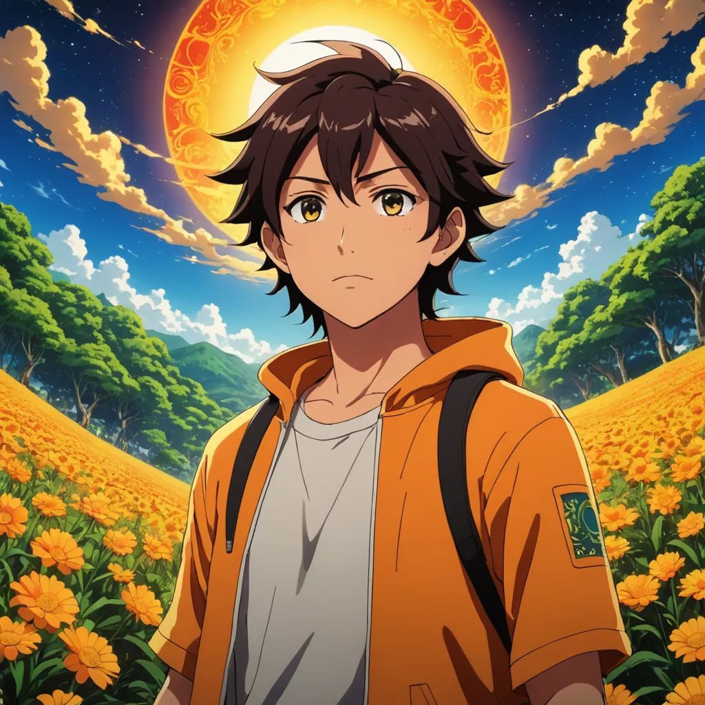 a man in an orange jacket standing in a field of flowers with a sun in the background and a sky with clouds, aestheticism, poster art, Ai-Mitsu, anime key visual