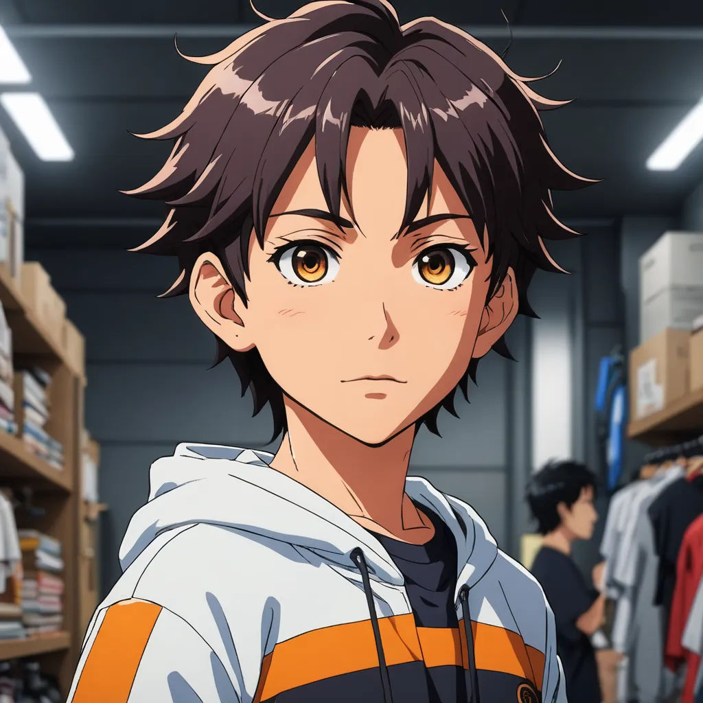a man with a hoodie in a store looking at the camera with a serious look on his face, rayonism, a character portrait, Aguri Uchida, official art