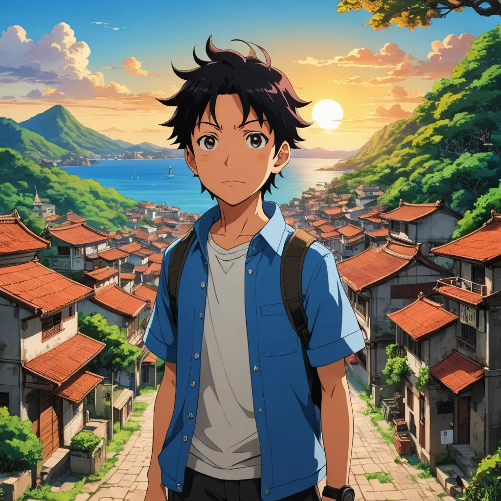 a man standing in front of a village with a sunset in the background and a mountain in the foreground, rayonism, a character portrait, Cedric Seaut (Keos Masons), ufotable