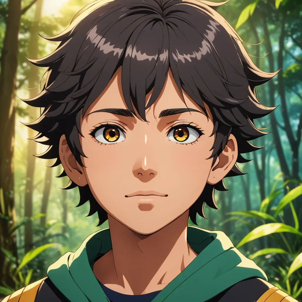 a man with black hair and a green hoodie in a forest with trees and plants behind him, looking at the camera, sots art, a character portrait, Adam Manyoki, official art