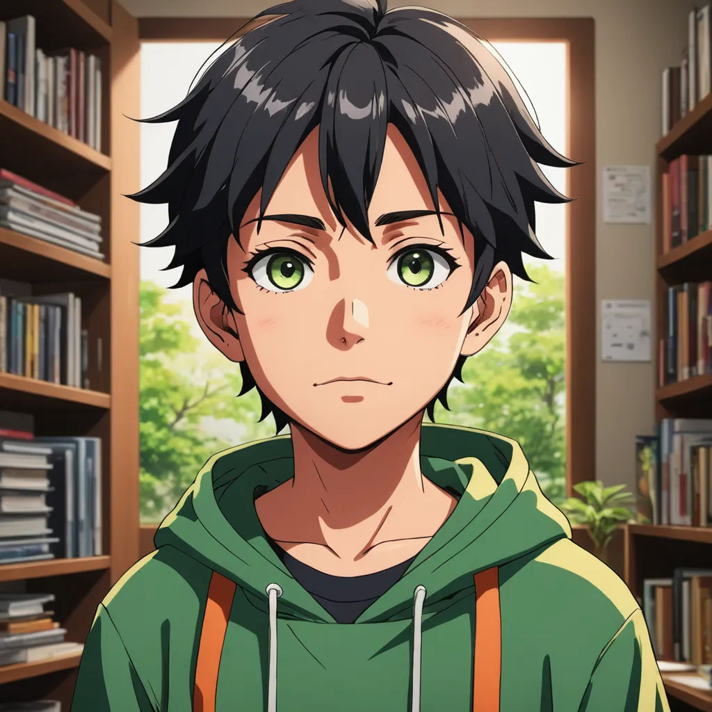 a man with black hair and green eyes in a library with bookshelves and a plant in the background, sots art, a character portrait, Adam Manyoki, official art