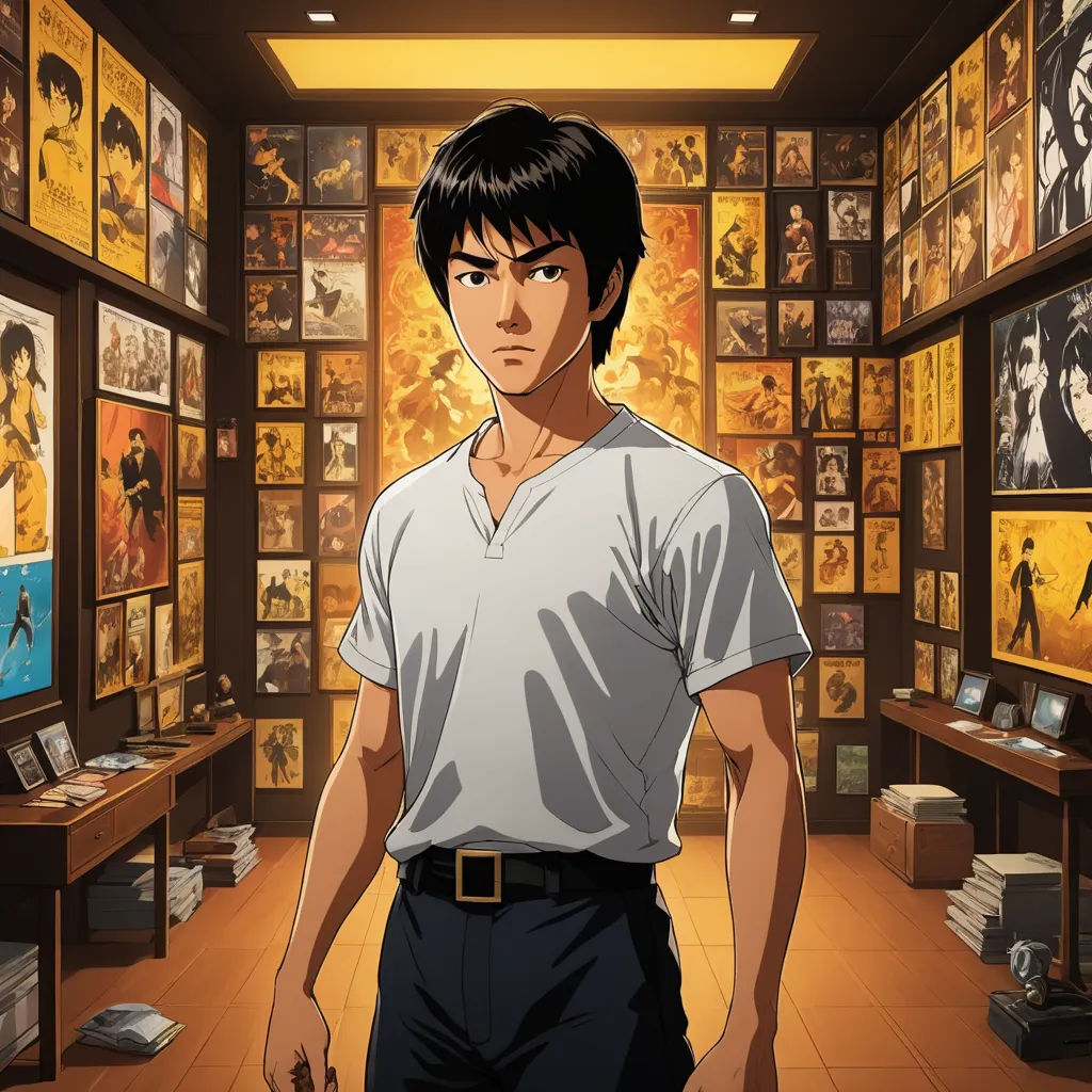 a man standing in a room with a lot of pictures on the wall and a television on the wall, neogeo, poster art, Baiōken Eishun, official art