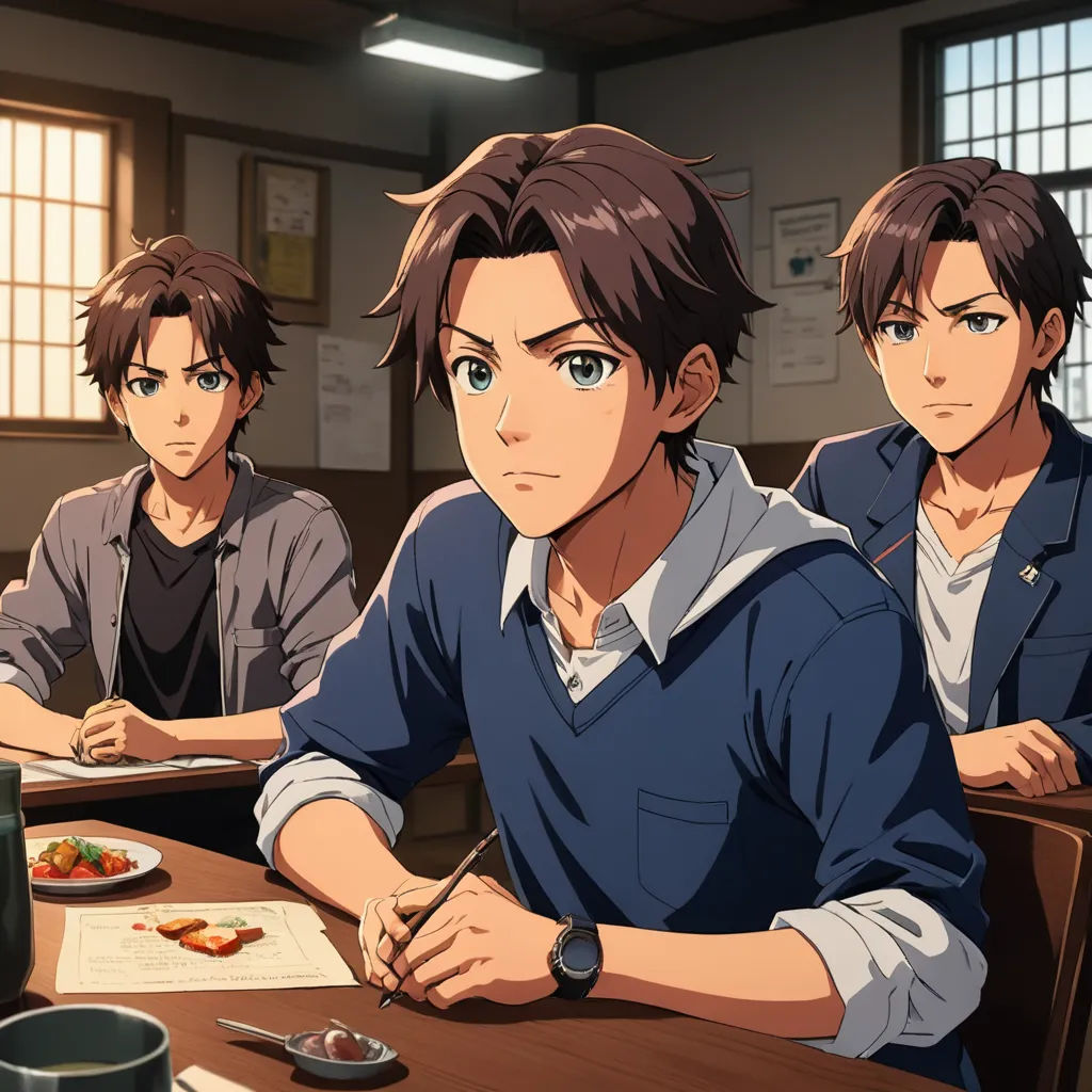three people sitting at a table with a notebook and pen in front of them, with a notebook in front of them, sots art, concept art, Armin Hansen, official art