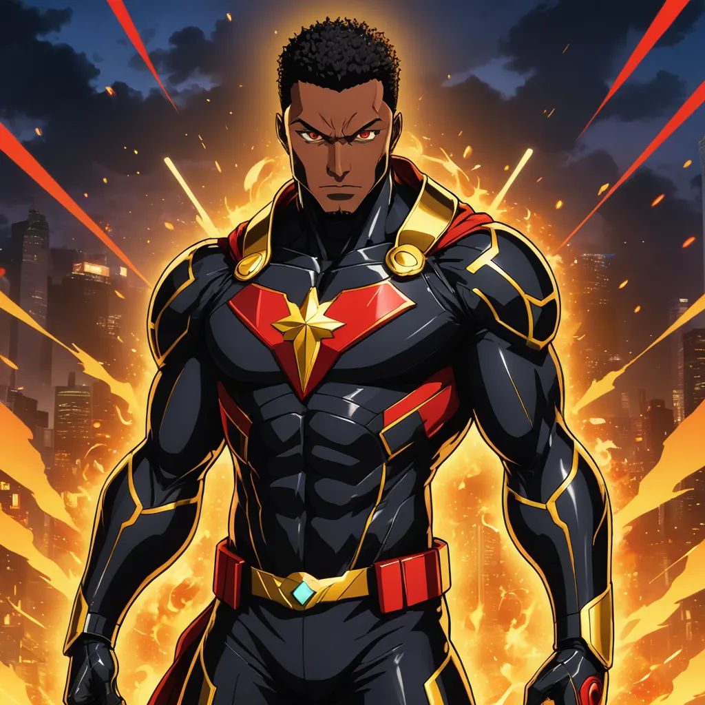 a man in a black suit with a red cape and gold accents standing in front of a fire filled city, afrofuturism, concept art, Cedric Seaut (Keos Masons), official art