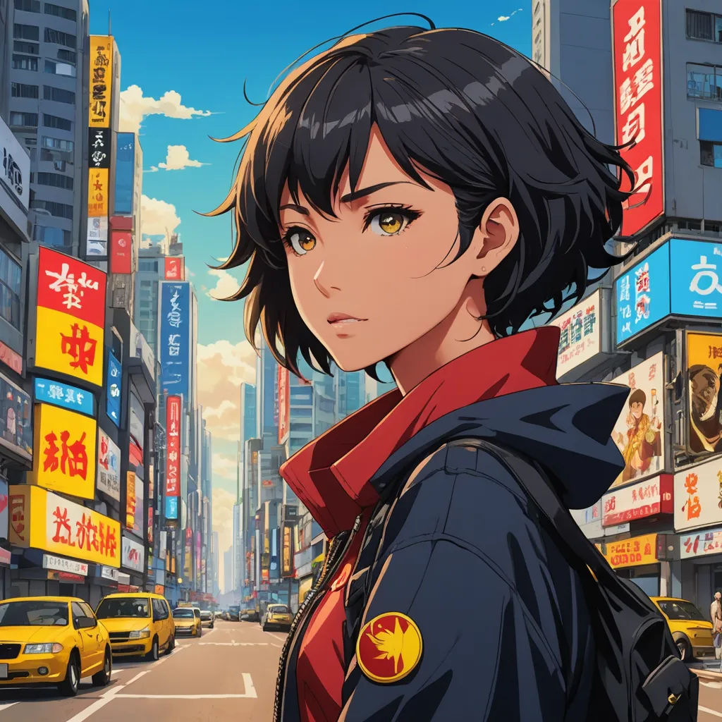 a woman in a city street with a taxi cab and a taxi cab behind her, looking at the camera, computer art, cyberpunk art, Ayako Rokkaku, anime key visual