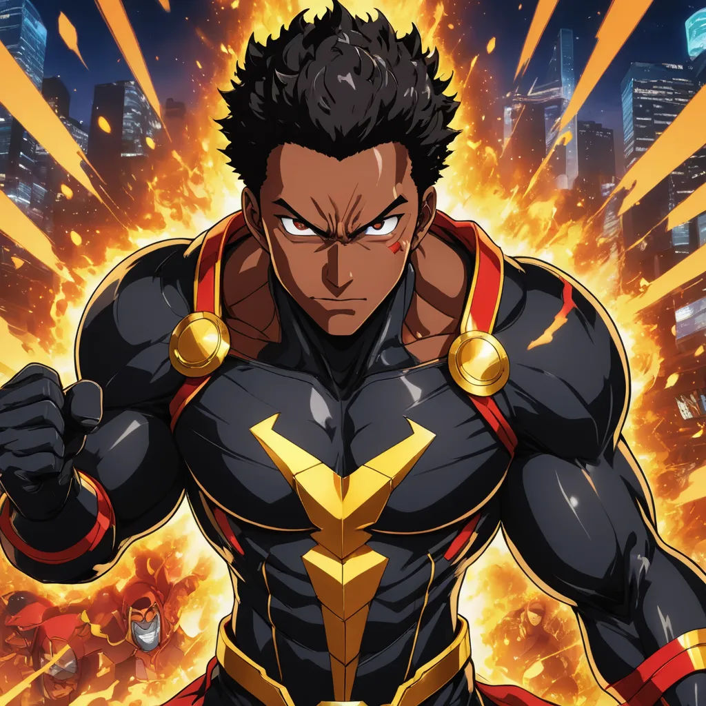 a man in a black suit with a yellow and red belt and a red and yellow belt and a yellow and red belt, afrofuturism, concept art, Adam Manyoki, official art