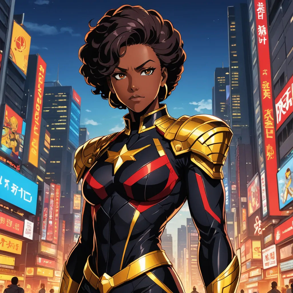 a woman in a futuristic city with a futuristic suit on and a cityscape in the background with neon lights, afrofuturism, concept art, Artgerm, official art