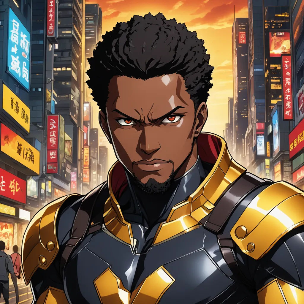 a man in a suit standing in front of a cityscape with a red sky in the background, afrofuturism, a character portrait, Cedric Seaut (Keos Masons), official art