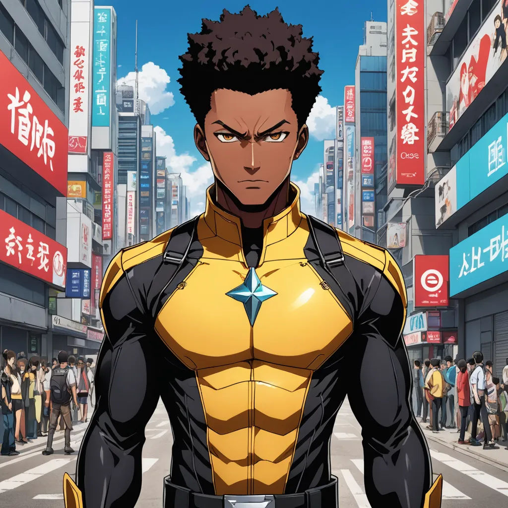 a man in a yellow and black suit standing in the middle of a street with a city in the background, afrofuturism, concept art, Cedric Seaut (Keos Masons), anime key visual