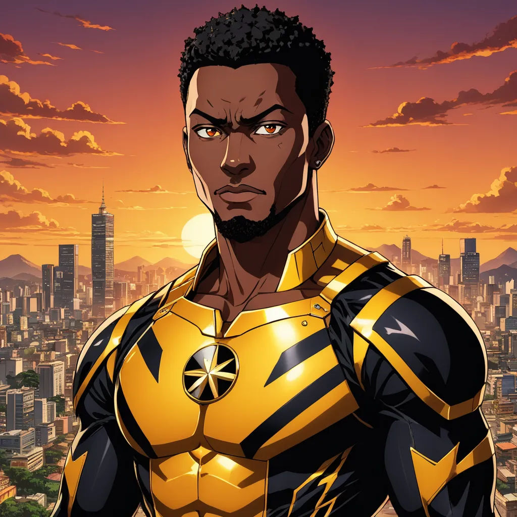 a man in a yellow and black suit stands in front of a cityscape with a sunset in the background, afrofuturism, a character portrait, Cedric Seaut (Keos Masons), official art