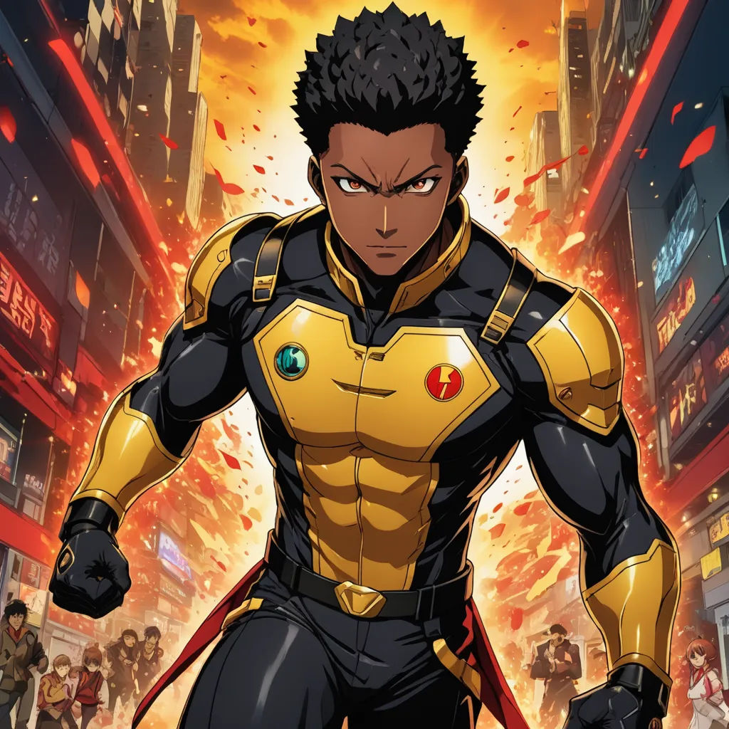 a man in a yellow and black suit with a sword in his hand and a city in the background, afrofuturism, a character portrait, Adam Manyoki, official art
