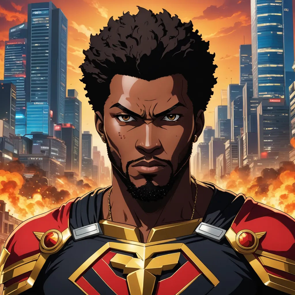 a black man in a suit with a city in the background and a red and gold suit on his chest, afrofuturism, a character portrait, Altichiero, official art