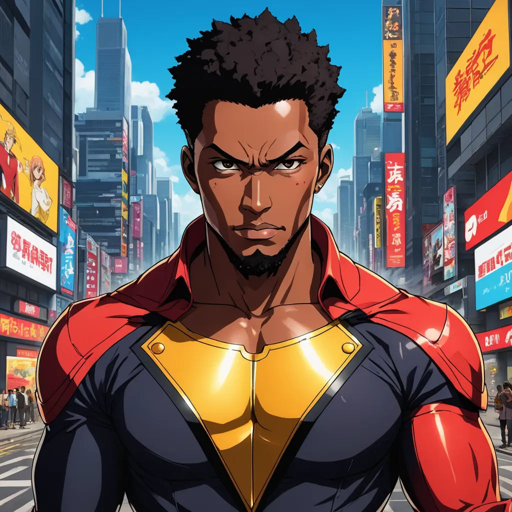 a man in a red and yellow cape standing in a city street with a cityscape in the background, afrofuturism, a character portrait, Cedric Seaut (Keos Masons), official art