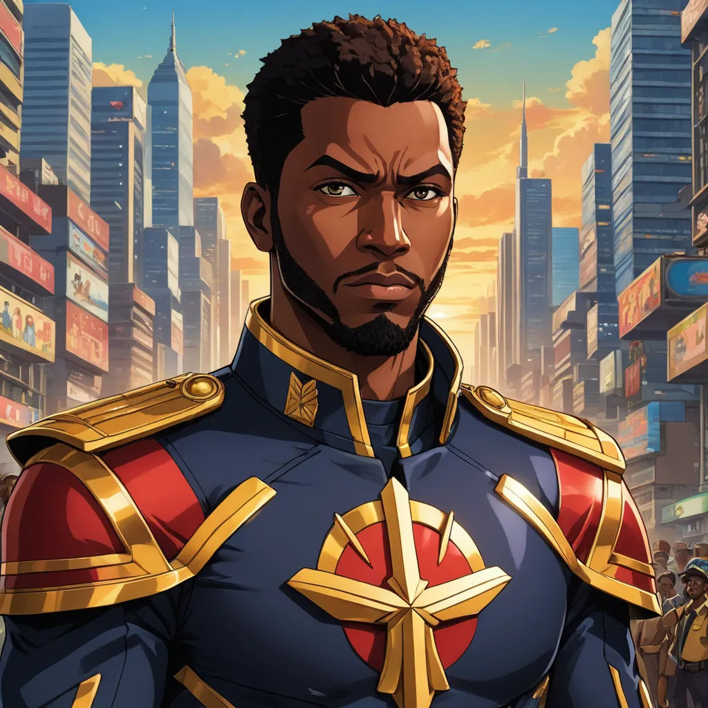 a man in a suit standing in front of a cityscape with skyscrapers in the background and a man in a suit with a beard, afrofuturism, a character portrait, Cedric Seaut (Keos Masons), official art