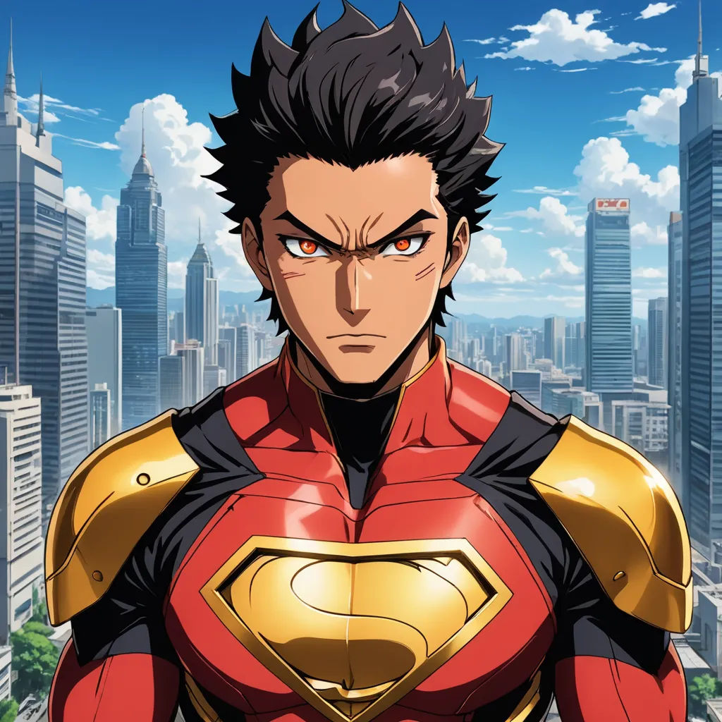 a man in a superman suit standing in front of a cityscape with skyscrapers in the background, superflat, a character portrait, Eizan Kikukawa, official art