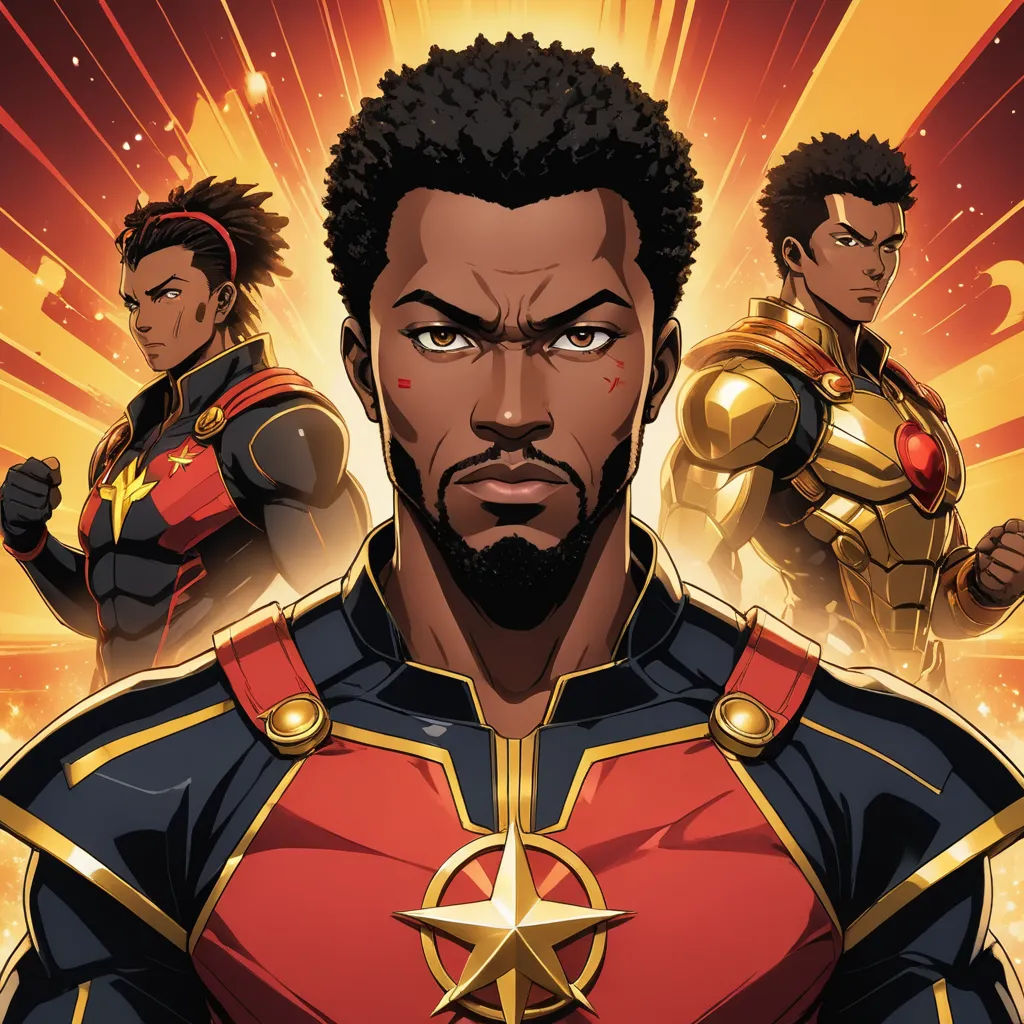 a black man in a red and gold suit with other black men in the background of a poster of a hero, afrofuturism, a comic book panel, Altichiero, official art