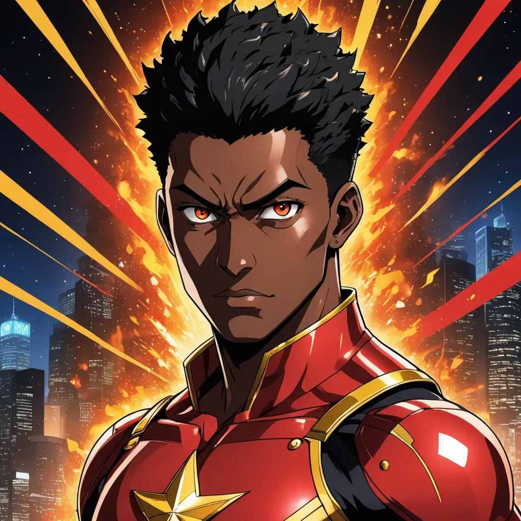 a man in a red suit with a yellow star on his chest and a city in the background with red and yellow beams, afrofuturism, a character portrait, Adam Manyoki, official art