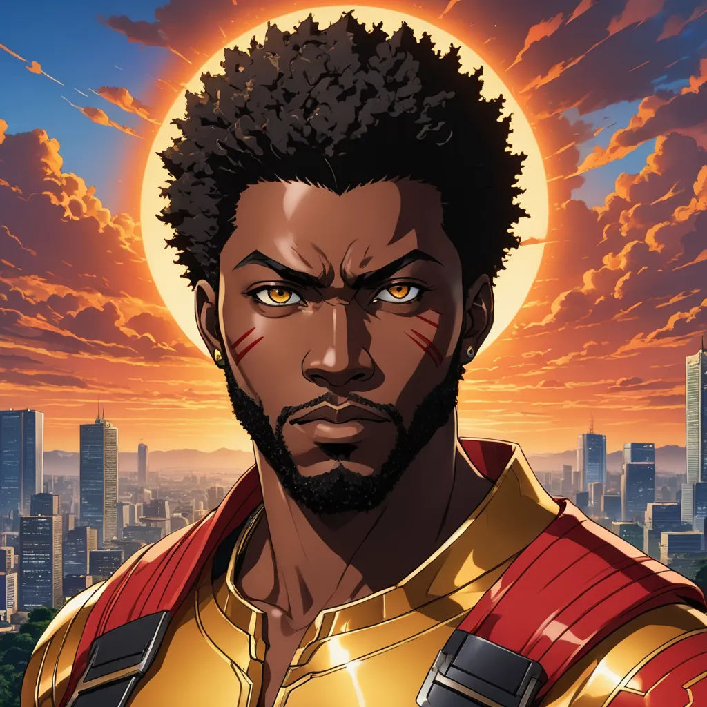 a black man with a afro in front of a city skyline with a sun in the background and a red and gold shirt, afrofuturism, a poster, Adam Manyoki, official art