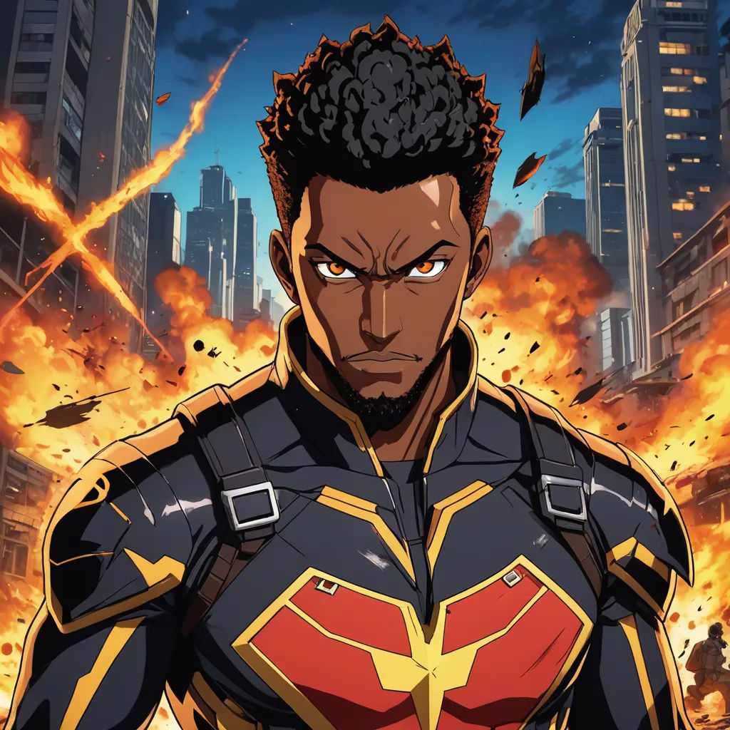 a man in a suit with a lot of fire in the background and buildings in the background, with a sky background, afrofuturism, poster art, Everett Warner, official art