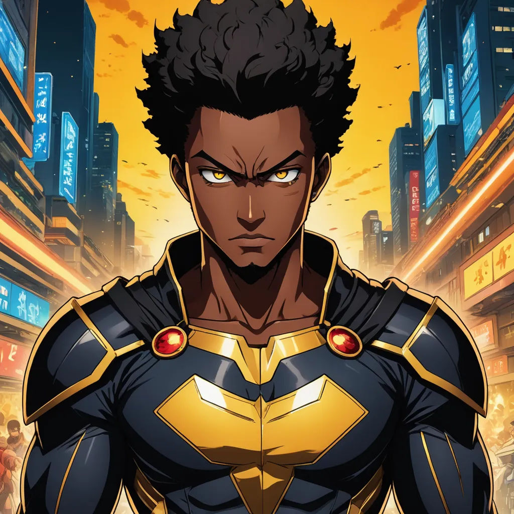 a man in a suit with a city background in the background and a yellow and black background with a yellow and red light, afrofuturism, a character portrait, Cedric Seaut (Keos Masons), official art