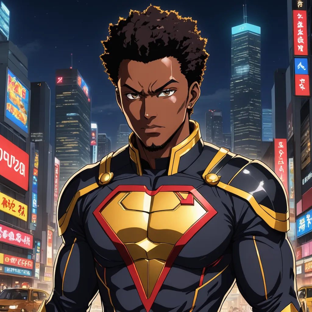 a man in a suit with a city in the background at night with neon lights and signs in the foreground, afrofuturism, concept art, Everett Warner, official art