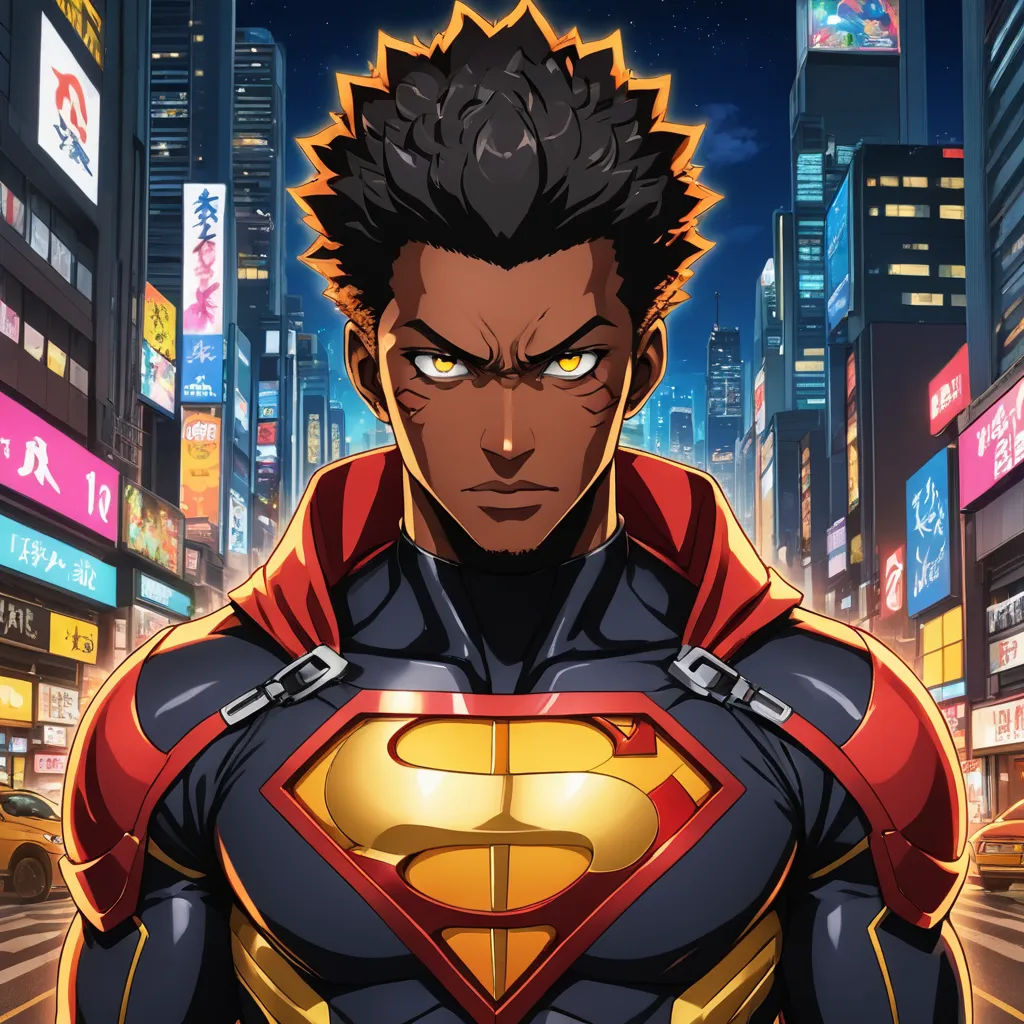 a man in a superman suit standing in a city at night with neon signs and buildings in the background, superflat, a character portrait, Everett Warner, official art