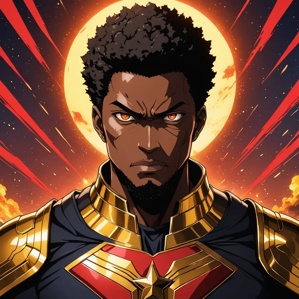 a black man in a golden suit with a red and yellow background and a full moon behind him, with a red and yellow background, afrofuturism, poster art, Altichiero, official art
