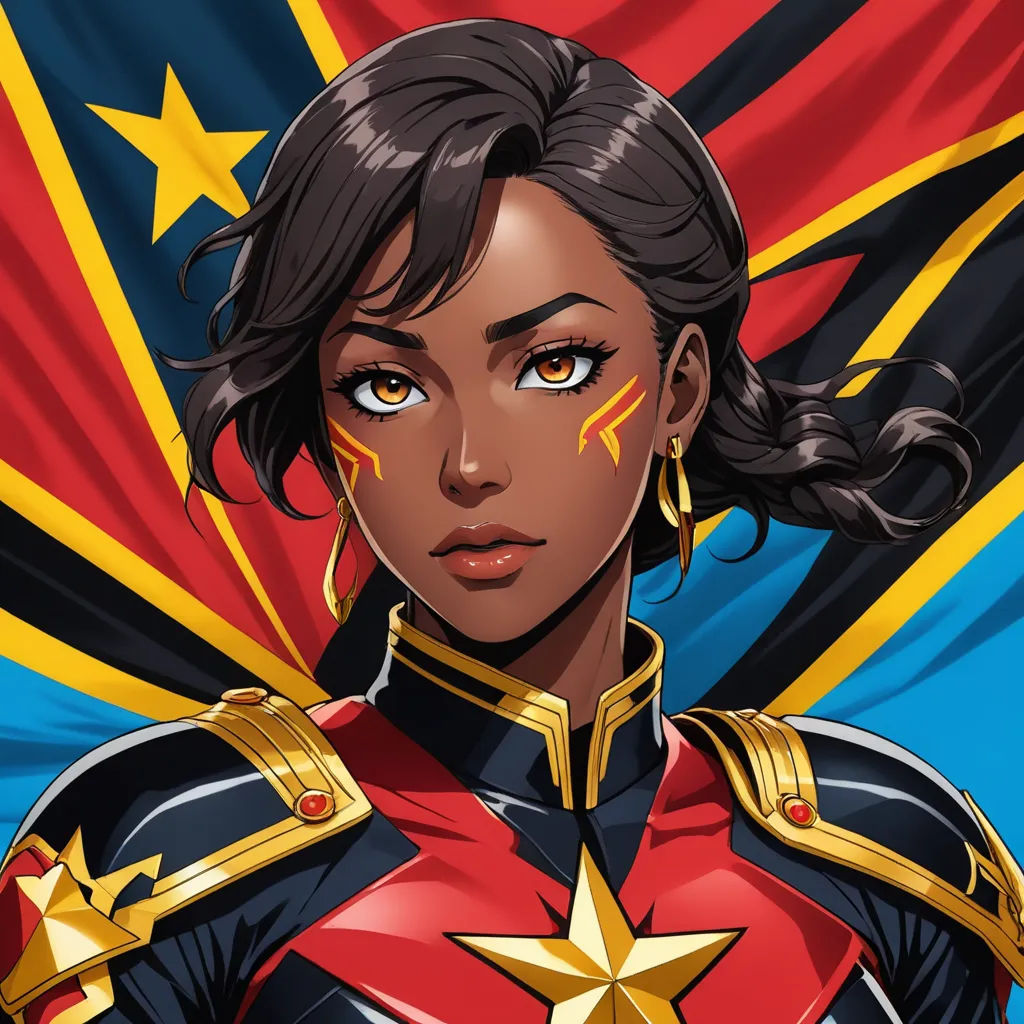 a woman in a uniform with a star on her chest and a flag behind her head and a star on her chest, afrofuturism, a character portrait, Artgerm, stanley artgerm lau