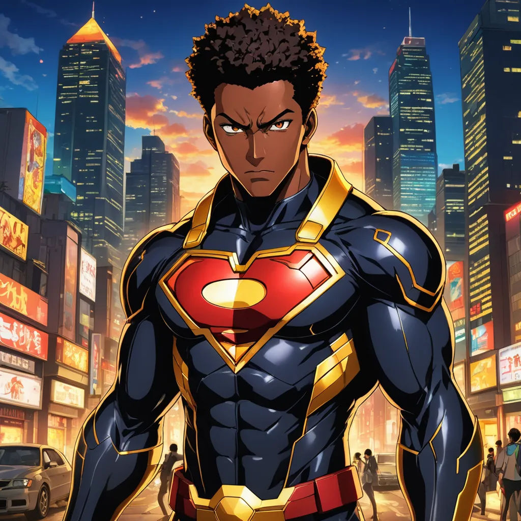 a man in a superman suit standing in a city at night with a cityscape in the background, afrofuturism, concept art, Everett Warner, official art