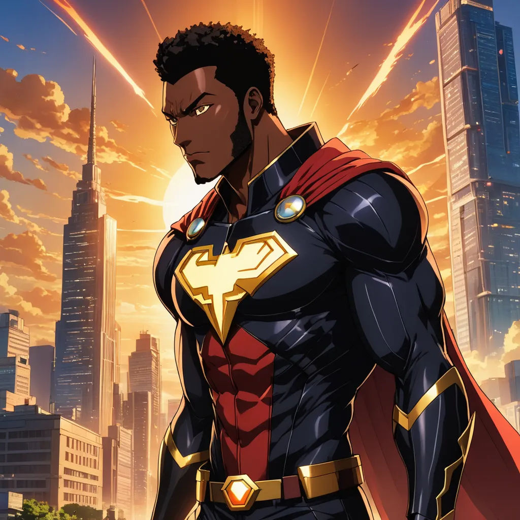 a man in a superman suit standing in front of a city skyline with a bright sun behind him and a red cape, afrofuturism, concept art, Altichiero, official art