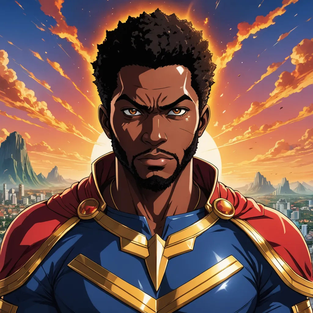 a black man in a blue and gold costume with a red cape on his shoulders and a city in the background, afrofuturism, a comic book panel, Altichiero, official art